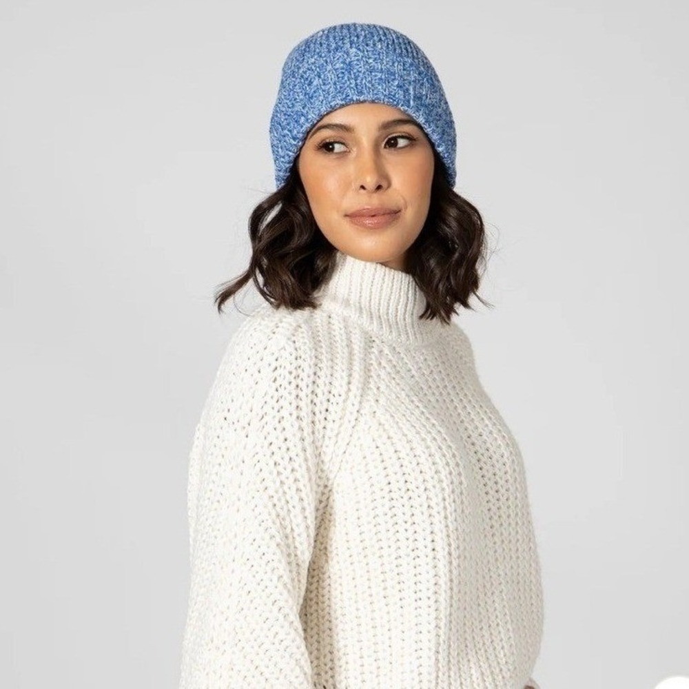 Blue Marled Knit Beanie Hat Women's Acrylic Cotton Blend